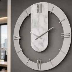Orologi Da Parete Moderni-Selezionato da Mazzolaluce Orologio a parete rotondo effetto marmo dettagli foglia argento 50cm
