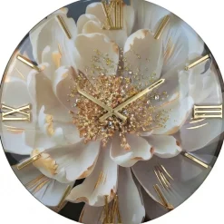 Orologi Da Parete Moderni-Selezionato da Mazzolaluce Orologio da parete 40cm fiore bianco foglia oro cristalli in resina
