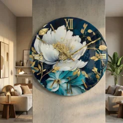 Orologi Da Parete Moderni-Selezionato da Mazzolaluce Orologio da parete 80cm floreale in resina lucida rotondo oro cristalli