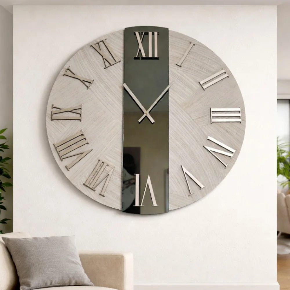 Orologi Da Parete Moderni-Selezionato da Mazzolaluce Orologio da parete 60cm rotondo carta da parati argento specchio fume