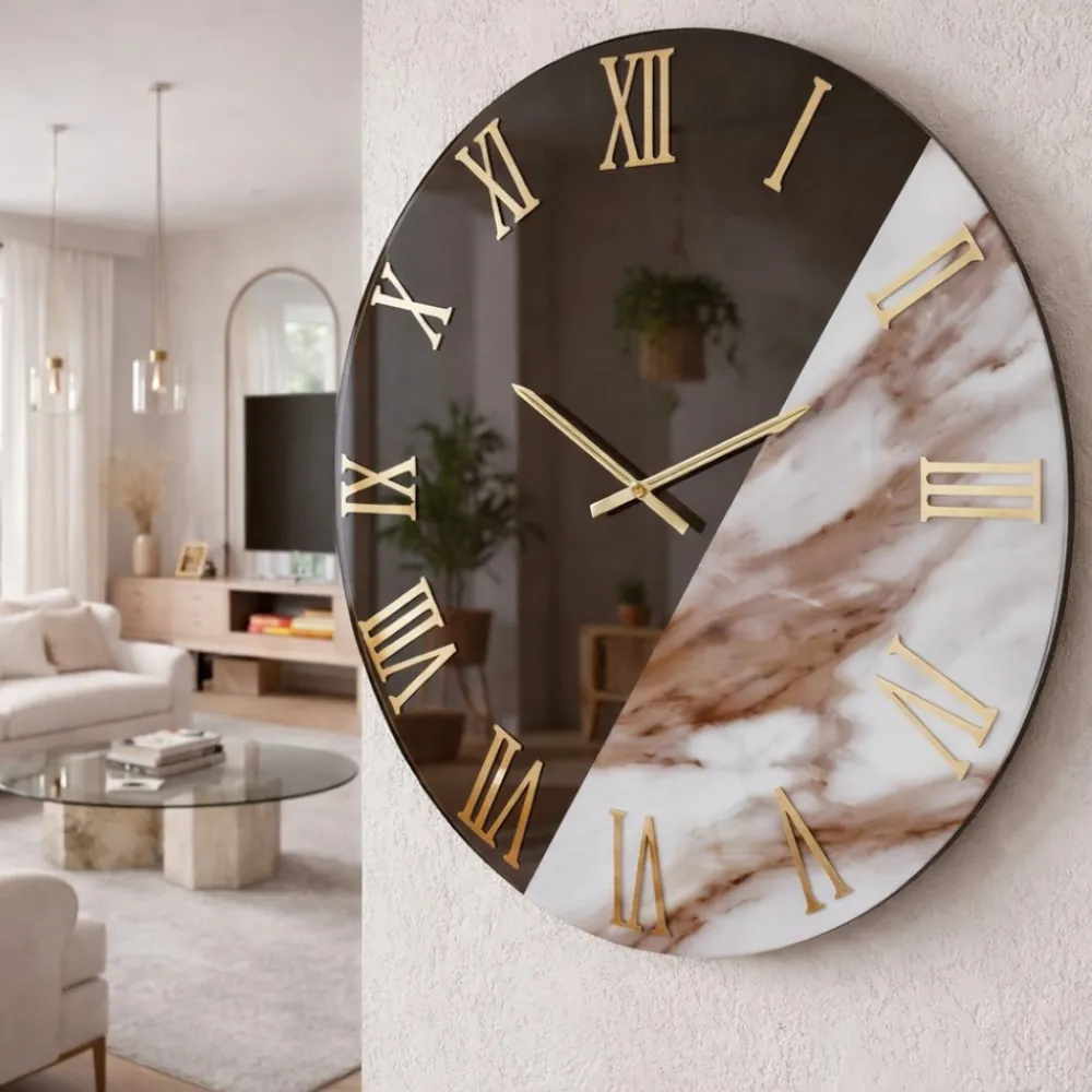 Orologi Da Parete Moderni-Selezionato da Mazzolaluce Orologio da parete 60cm rotondo specchio bronzo resina effetto marmo