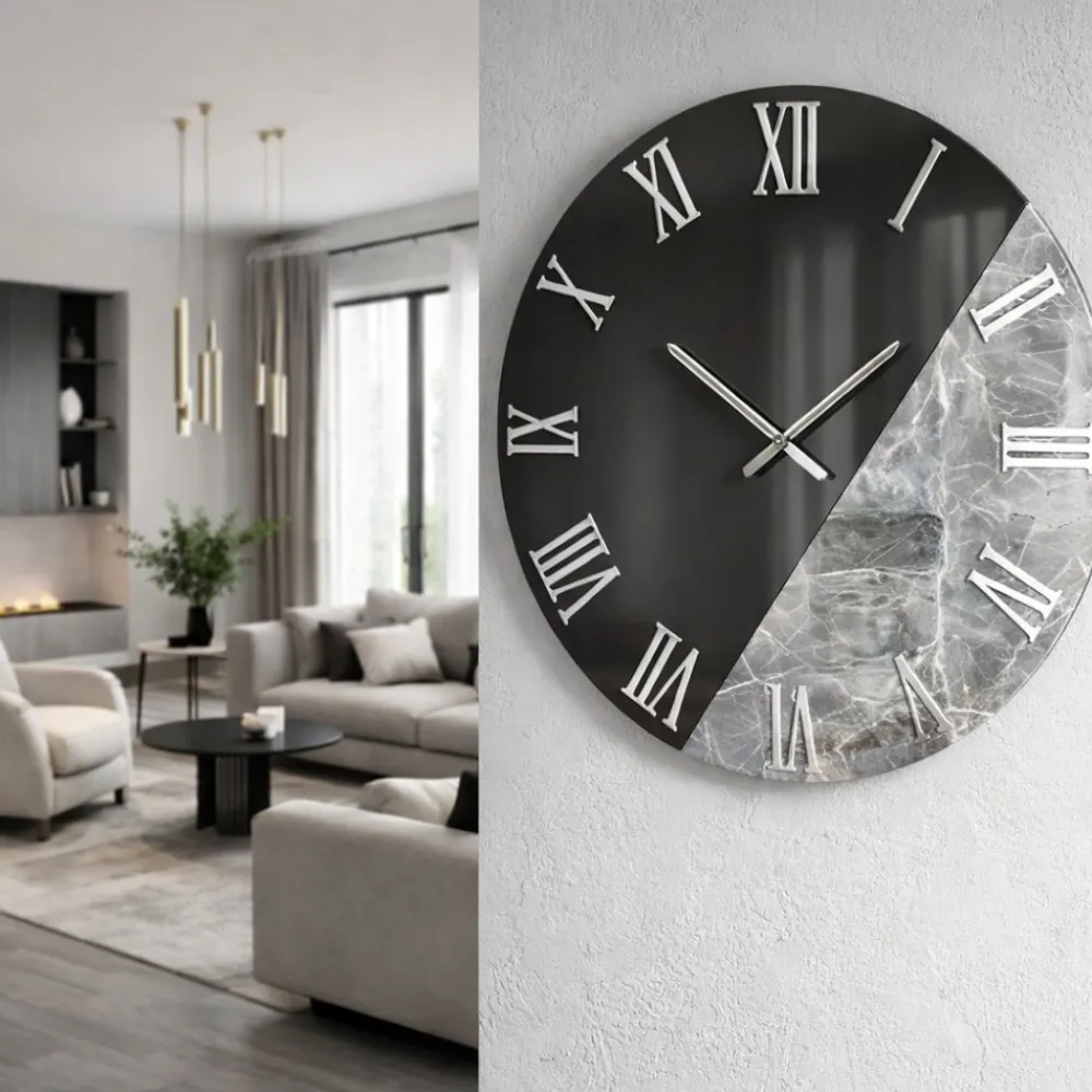 Orologi Da Parete Moderni-Selezionato da Mazzolaluce Orologio da parete 80cm specchiato fume effetto marmo grigio scuro