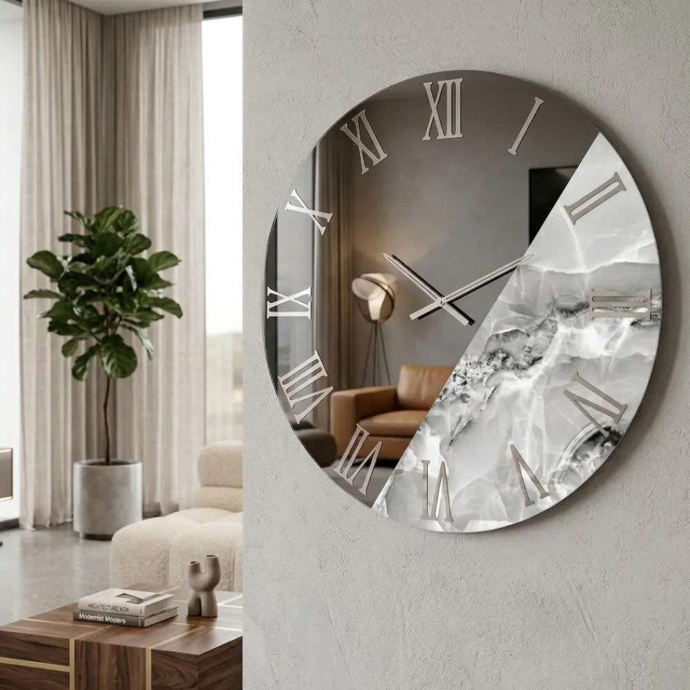 Orologi Da Parete Moderni-Selezionato da Mazzolaluce Orologio da parete 60 cm specchio fume resina effetto marmo grigio chiaro