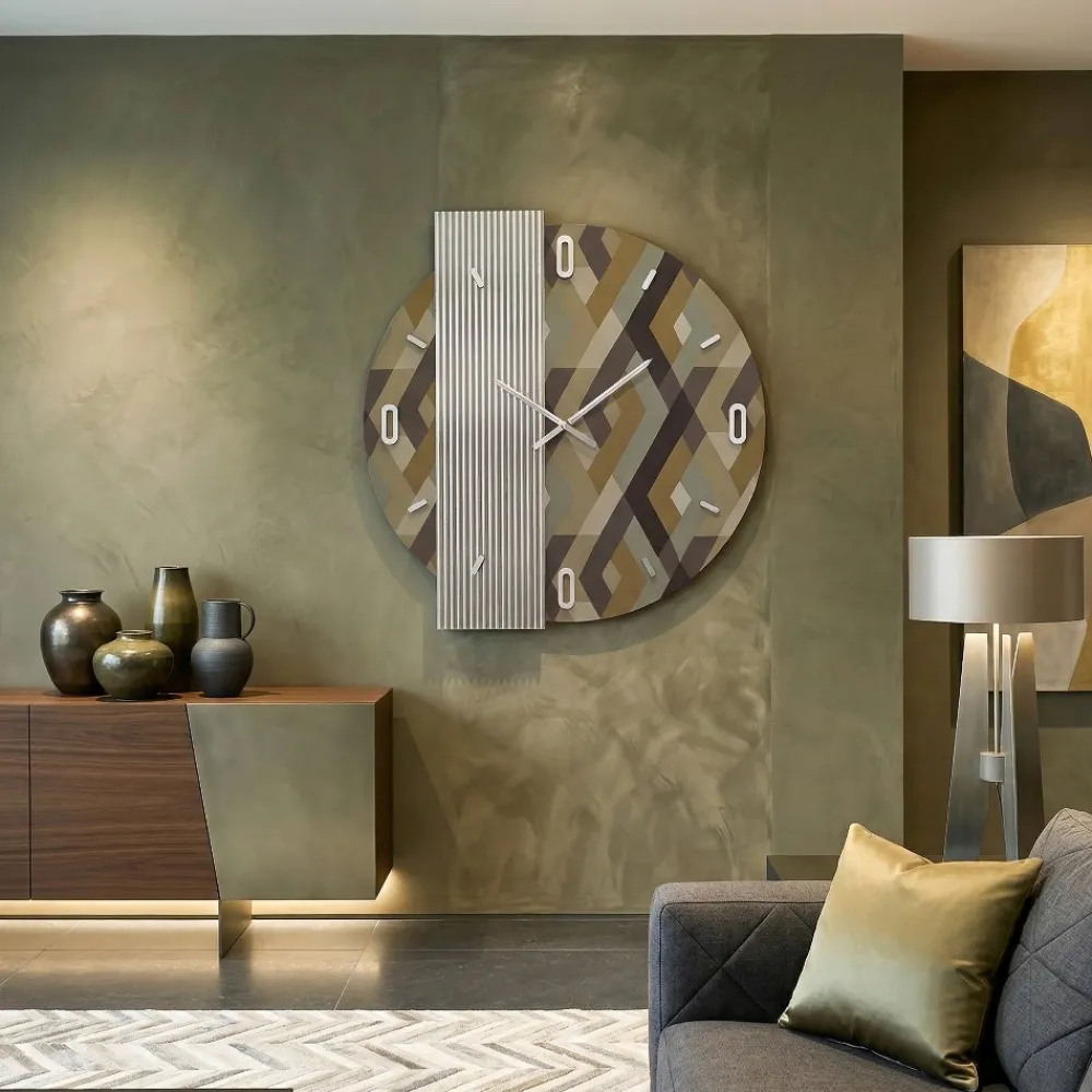 Orologi Da Parete Moderni-Selezionato da Mazzolaluce Orologio da parete 80 cm specchio cannettato e carta da parati rombo design moderno