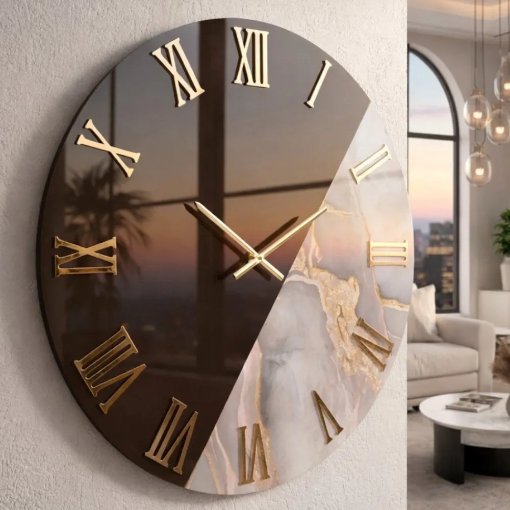 Orologi Da Parete Moderni-Selezionato da Mazzolaluce Orologio da parete 80 cm specchio bronzo resina effetto marmo cipria
