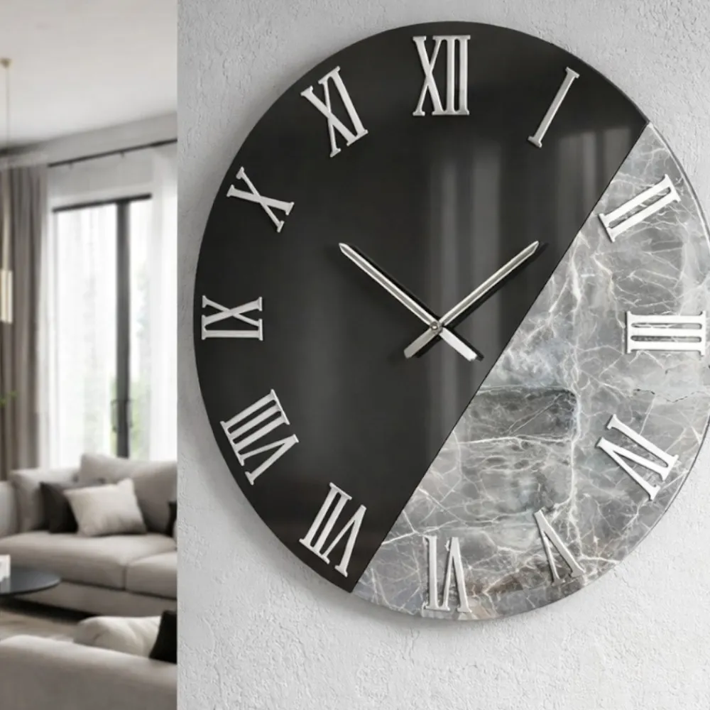 Orologi Da Parete Moderni-Selezionato da Mazzolaluce Orologio da parete 60 cm specchio fume effetto marmo grigio scuro rotondo
