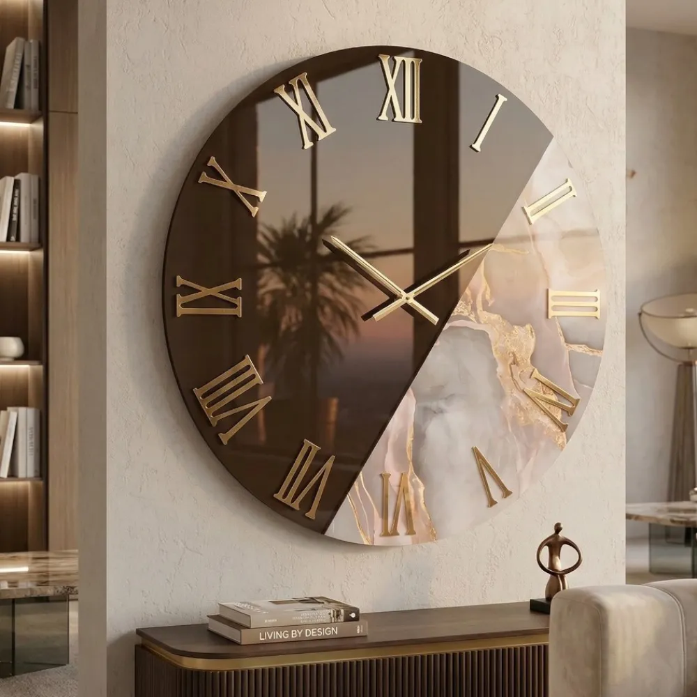 Orologi Da Parete Moderni-Selezionato da Mazzolaluce Orologio da parete 60 cm tondo specchiato bronzo effetto marmo cipria