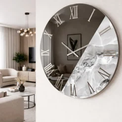 Orologi Da Parete Moderni-Selezionato da Mazzolaluce Orologio da parete 80 cm tondo specchio fume effetto marmo grigio chiaro