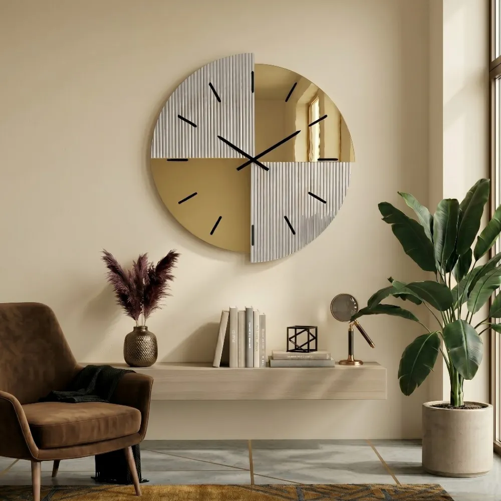 Orologi Da Parete Moderni-Selezionato da Mazzolaluce Orologio da parete 80 cm vetro specchio cannettato e oro design moderno per salone