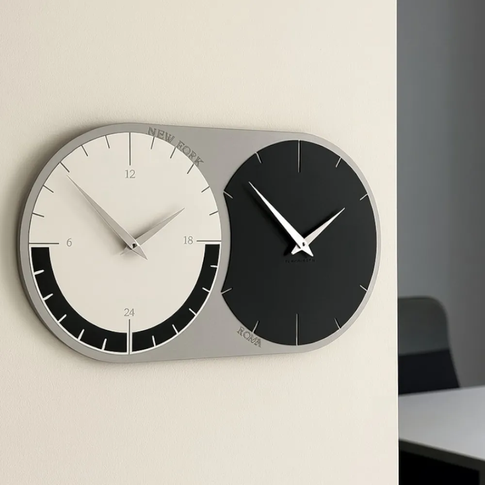 Orologi Da Parete Moderni-Selezionato da Mazzolaluce Orologio da parete fusi orari 2 nero bianco grigio in legno
