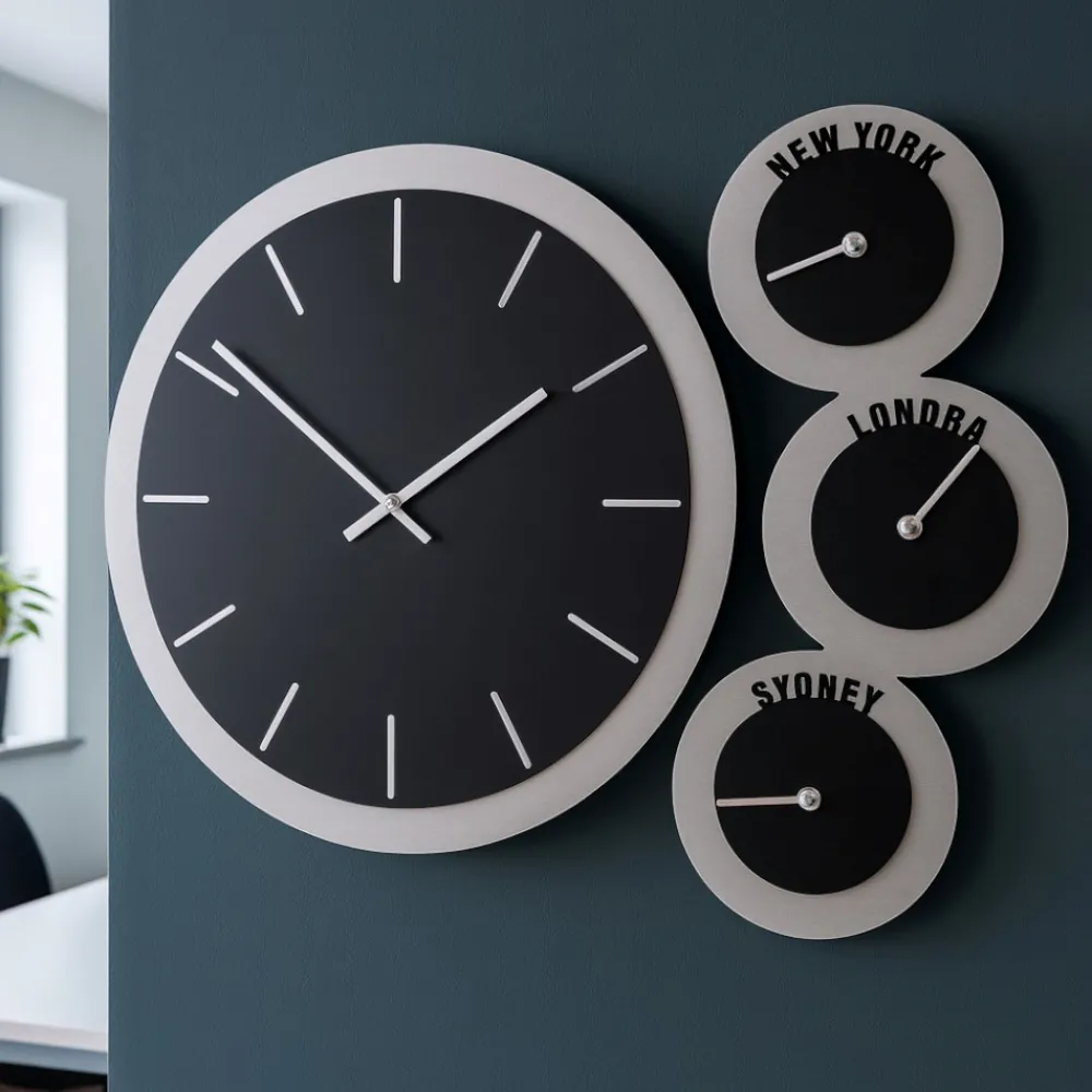 Orologi Da Parete Moderni-Selezionato da Mazzolaluce Orologio da parete fuso orario legno nero e grigio