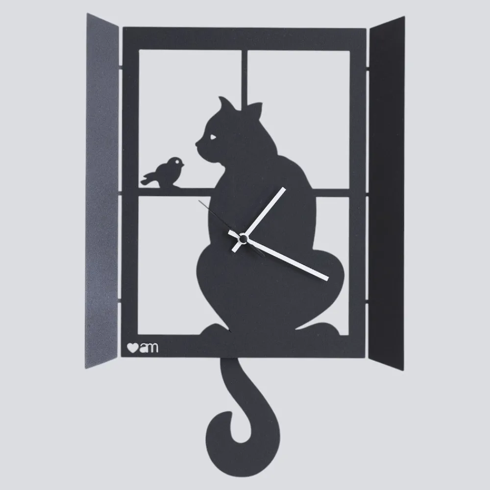 Orologi Da Parete Moderni-Selezionato da Mazzolaluce Orologio da parete gatto alla finestra nero con pendolo