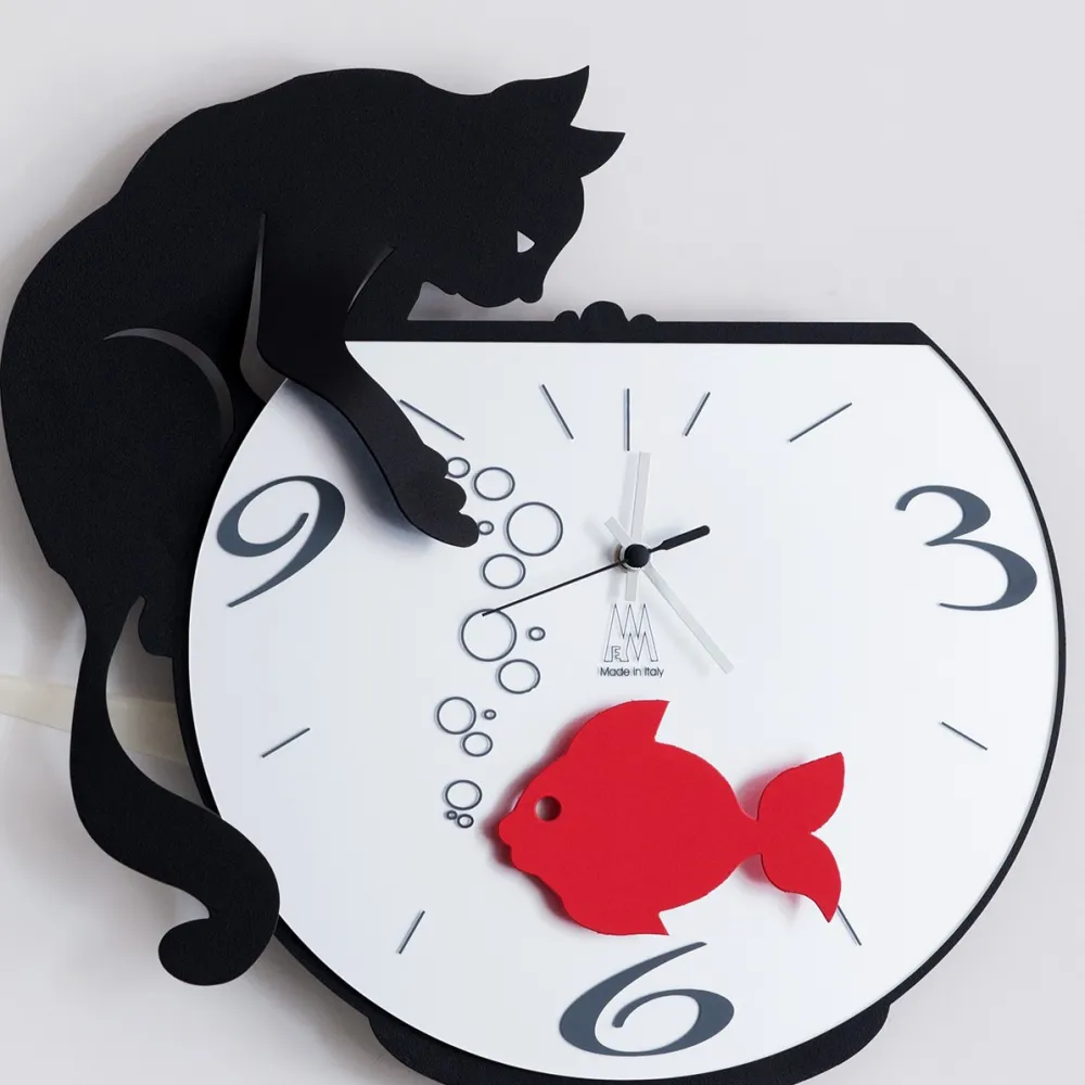 Orologi Da Parete Moderni-Selezionato da Mazzolaluce Orologio da parete gatto con pesce rosso nero moderno
