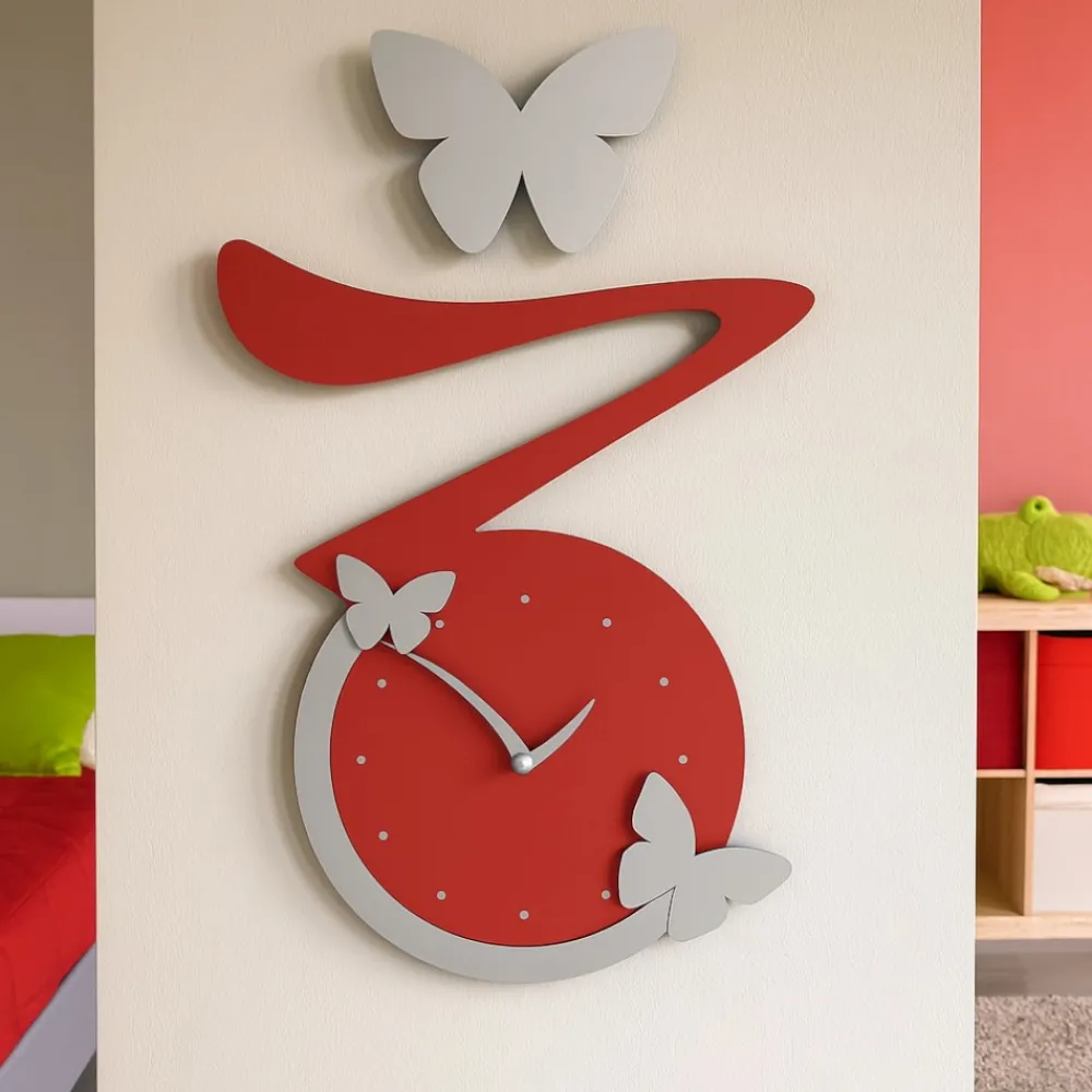 Orologi Da Parete Moderni-Selezionato da Mazzolaluce Orologio da parete moderno farfalle legno rosso rubino