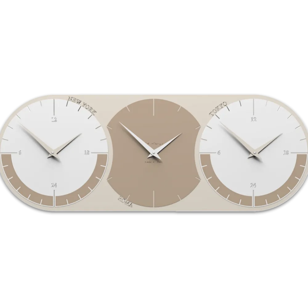 Orologi Da Parete Moderni-Selezionato da Mazzolaluce Orologio da parete moderno 3 fusi orari caffelatte bianco