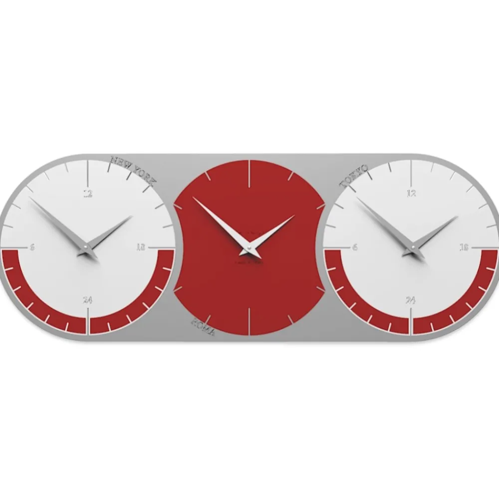 Orologi Da Parete Moderni-Selezionato da Mazzolaluce Orologio da parete moderno 3 fusi orari rubino grigio e bianco in legno