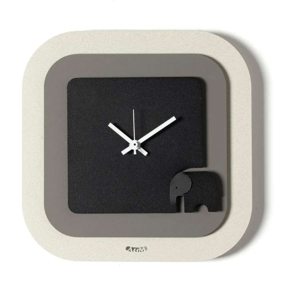 Orologi Da Parete Moderni-Selezionato da Mazzolaluce Orologio da parete moderno quadrato nero e fango con elefante