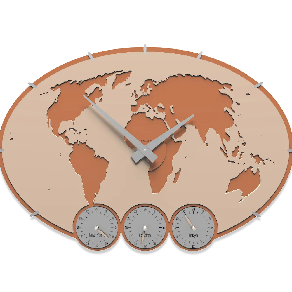 Orologi Da Parete Moderni-Selezionato da Mazzolaluce Orologio da parete planisfero fusi orari legno colore sabbia rosata