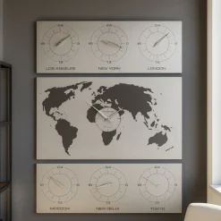Orologi Da Parete Moderni-Selezionato da Mazzolaluce Orologio da parete planisfero mondo legno colore alluminio fusi orari