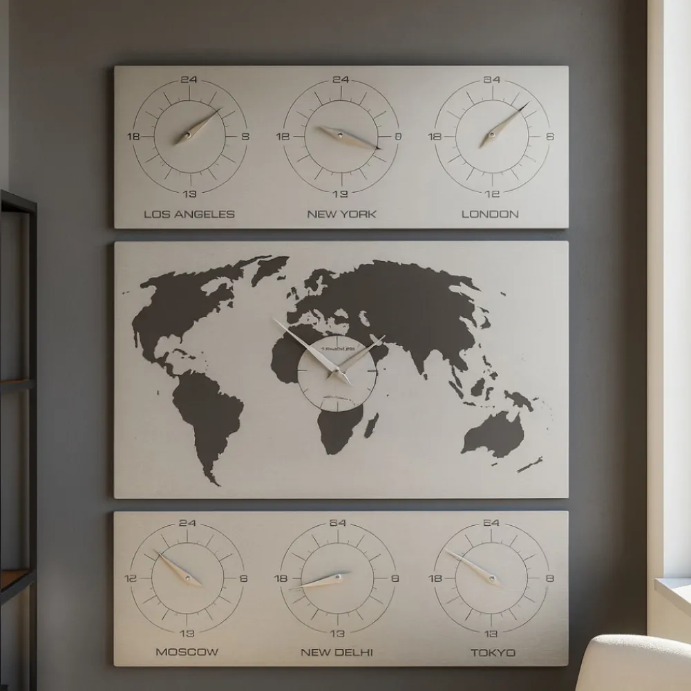 Orologi Da Parete Moderni-Selezionato da Mazzolaluce Orologio da parete planisfero mondo legno colore alluminio fusi orari