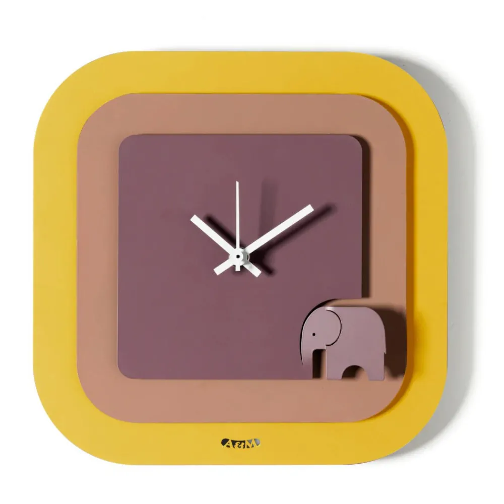 Orologi Da Parete Moderni-Selezionato da Mazzolaluce Orologio da parete quadrato elefantino color giallo mousse e viola