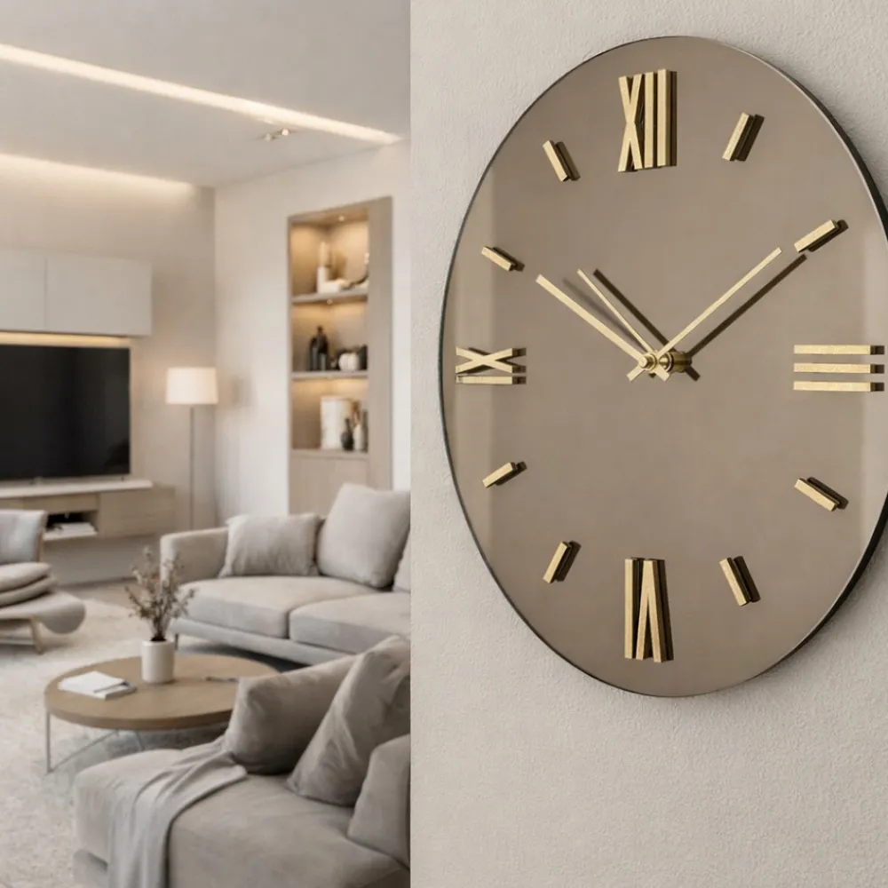 Orologi Da Parete Moderni-Selezionato da Mazzolaluce Orologio da parete rotondo 40cm specchio effetto bronzo numeri foglia oro