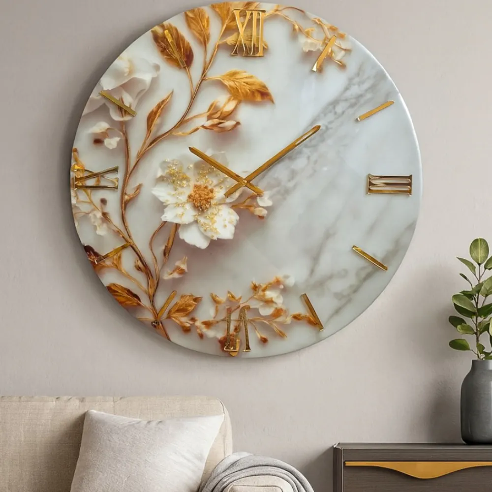 Orologi Da Parete Moderni-Selezionato da Mazzolaluce Orologio in resina moderno per parete 60cm fiore foglia oro cristalli