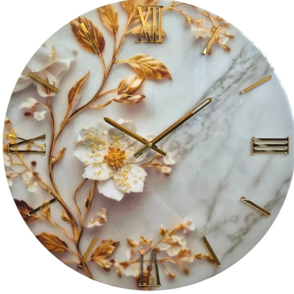 Orologi Da Parete Moderni-Selezionato da Mazzolaluce Orologio in resina moderno per parete 60cm fiore foglia oro cristalli