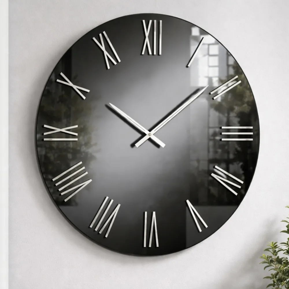 Orologi Da Parete Moderni-Selezionato da Mazzolaluce Orologio moderno 80cm in specchio fume' numeri romani foglia argento