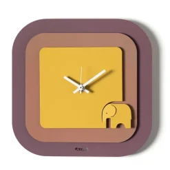Orologi Da Parete Moderni-Selezionato da Mazzolaluce Orologio moderno da parete quadrato color viola mousse e ocra con elefantino