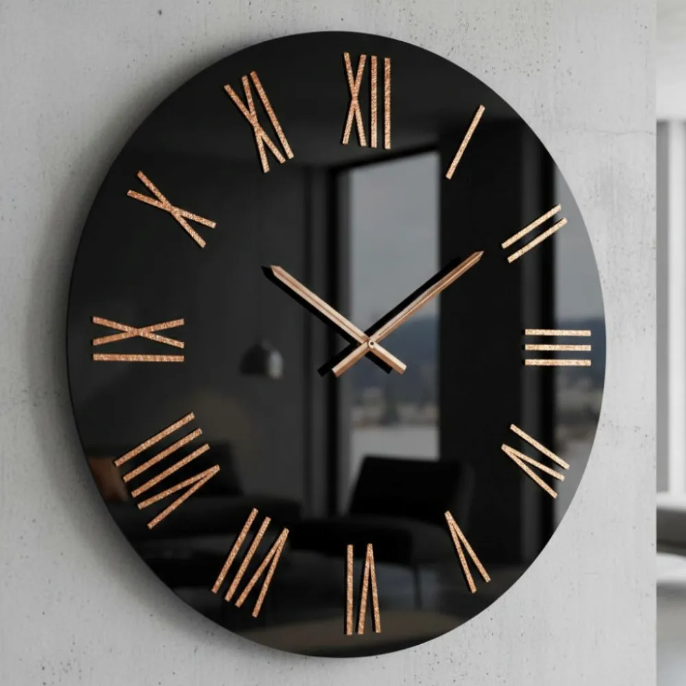 Orologi Da Parete Moderni-Selezionato da Mazzolaluce Orologio per parete moderno nero effetto specchio numeri romani foglia rame