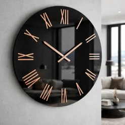 Orologi Da Parete Moderni-Selezionato da Mazzolaluce Orologio per parete moderno nero effetto specchio numeri romani foglia rame
