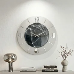 Orologi Da Parete Moderni-Selezionato da Mazzolaluce Orologio rotondo da parete effetto marmorizzato foglia argento 70cm
