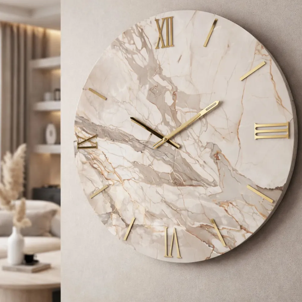Orologi Da Parete Moderni-Selezionato da Mazzolaluce Orologio rotondo da parete effetto marmo dettagli goglia oro 40cm
