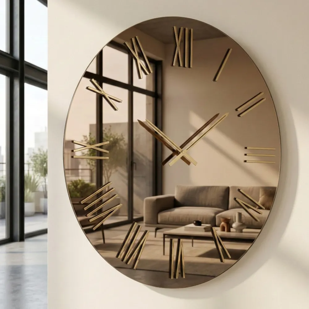 Orologi Da Parete Moderni-Selezionato da Mazzolaluce Orologio rotondo moderno a parete specchio bronzo numeri foglia oro