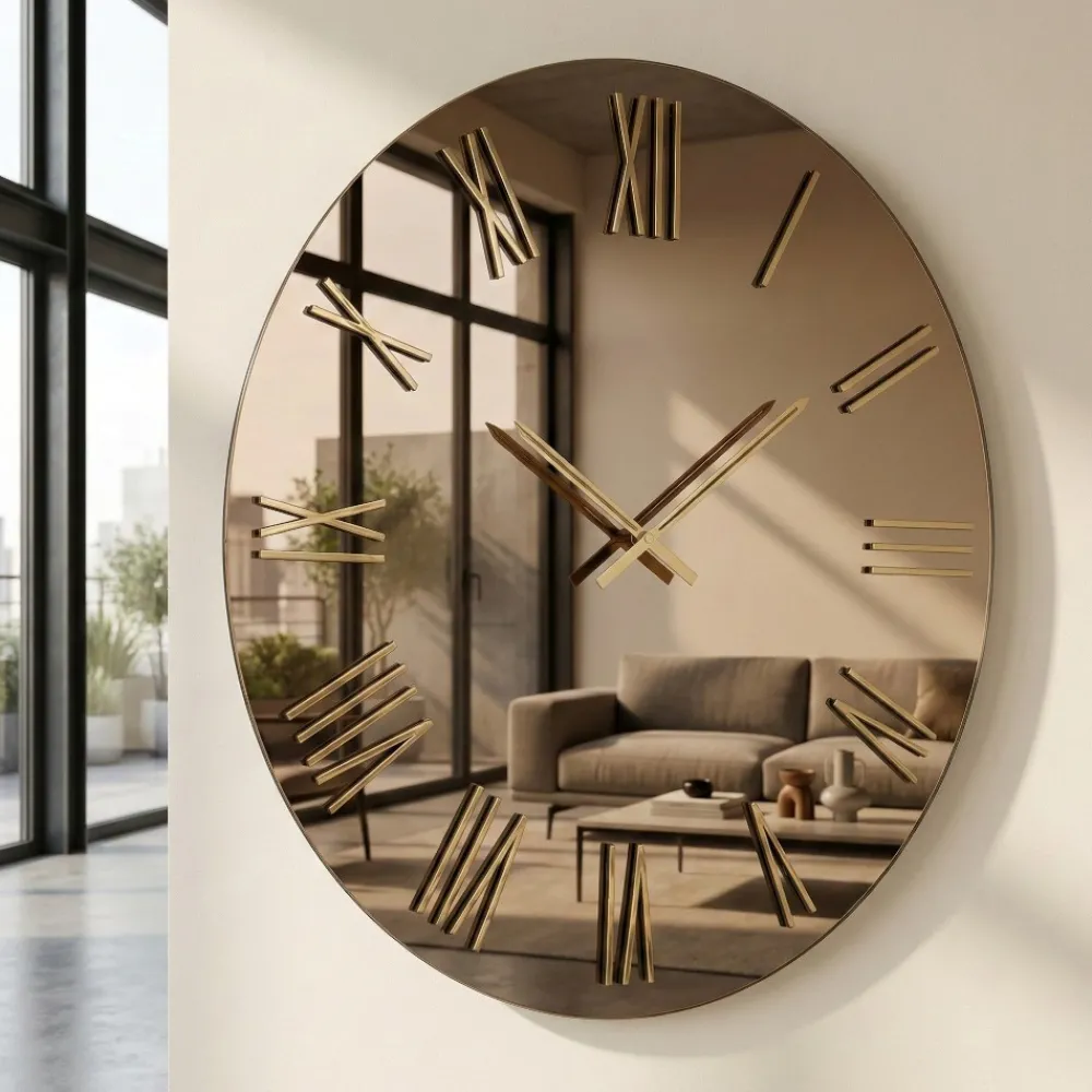 Orologi Da Parete Moderni-Selezionato da Mazzolaluce Orologio rotondo moderno 80cm specchio bronzo e numeri foglia oro