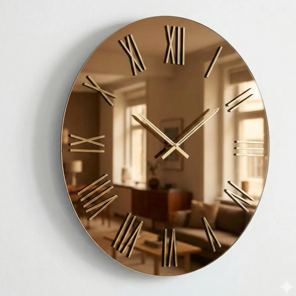 Orologi Da Parete Moderni-Selezionato da Mazzolaluce Orologio rotondo moderno 80cm specchio bronzo e numeri foglia oro