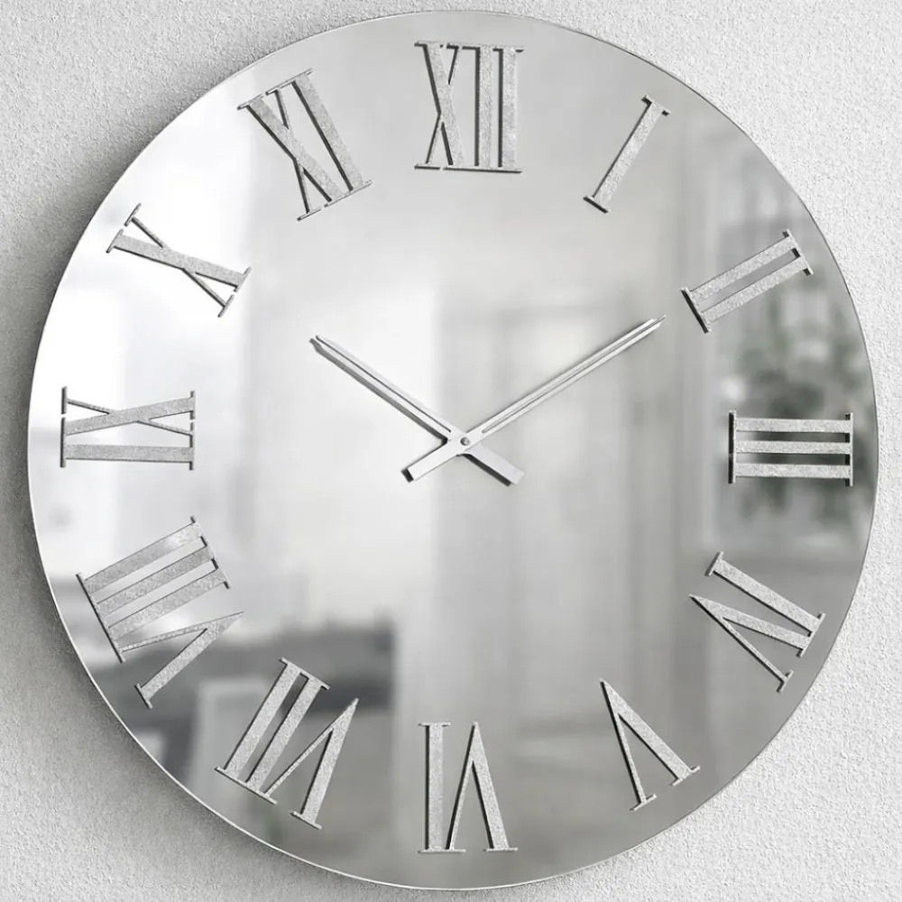 Orologi Da Parete Moderni-Selezionato da Mazzolaluce Orologio rotondo moderno specchio chiaro numeri romani argento