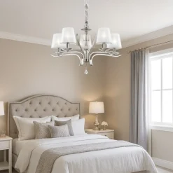 Lampadario Camera Da Letto-Ideal Lux Pegaso sp5 lampadario 5 luci cromo paralumi organza stanza da letto