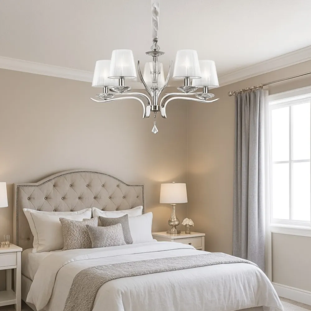 Lampadario Camera Da Letto-Ideal Lux Pegaso sp5 lampadario 5 luci cromo paralumi organza stanza da letto