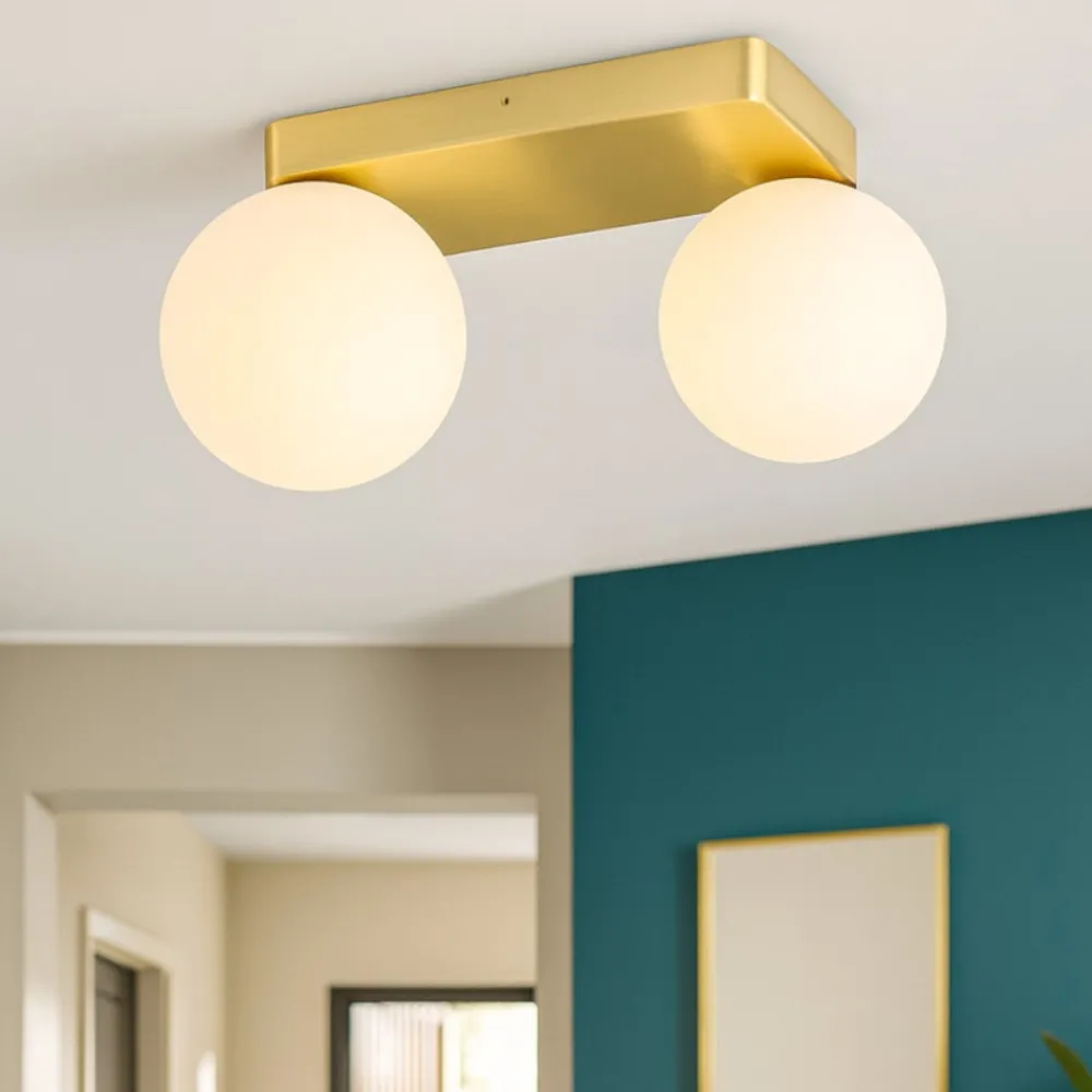 Plafoniere Moderne-Ideal Lux Penta pl2 plafoniera moderna oro spazolato sfere vetro bianco