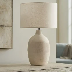 Lampade Da Tavolo-Perenz Illuminazione Perenz tribale lampada da tavolo ceramica bianca paralume beige