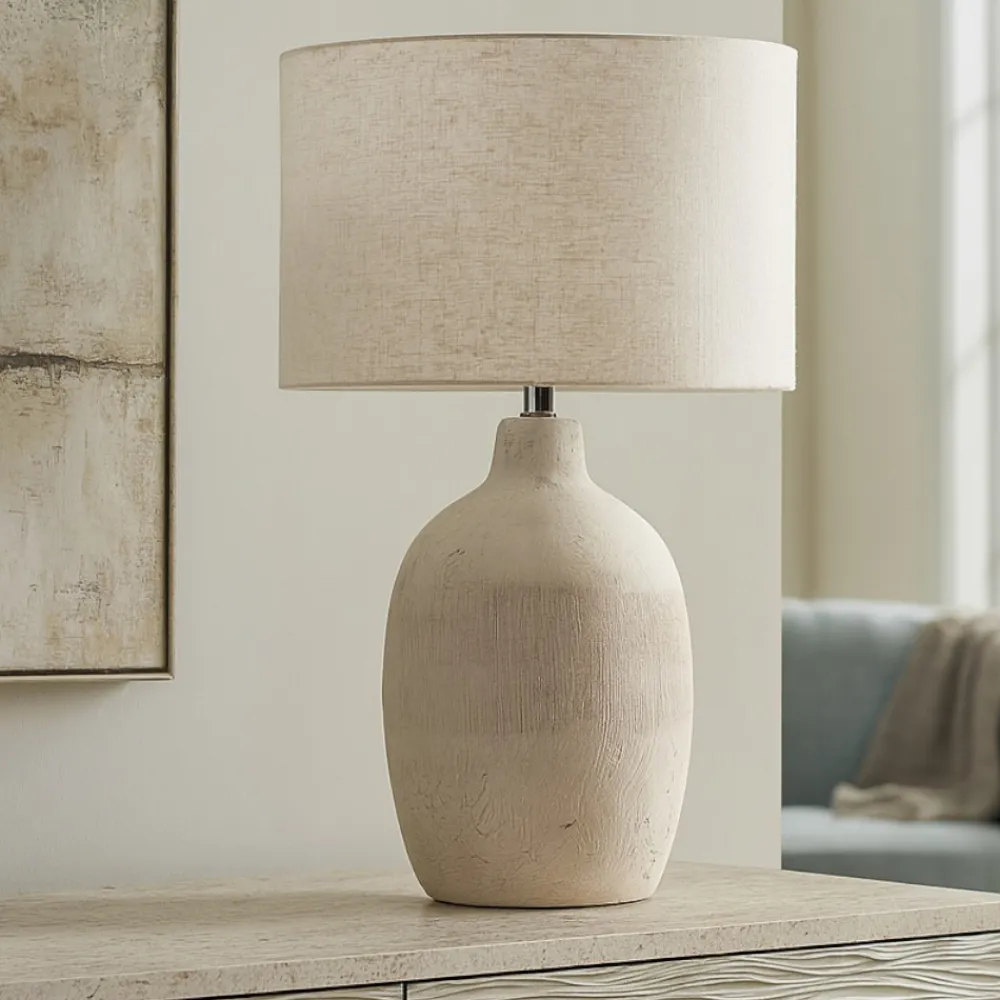 Lampade Da Tavolo-Perenz Illuminazione Perenz tribale lampada da tavolo ceramica bianca paralume beige