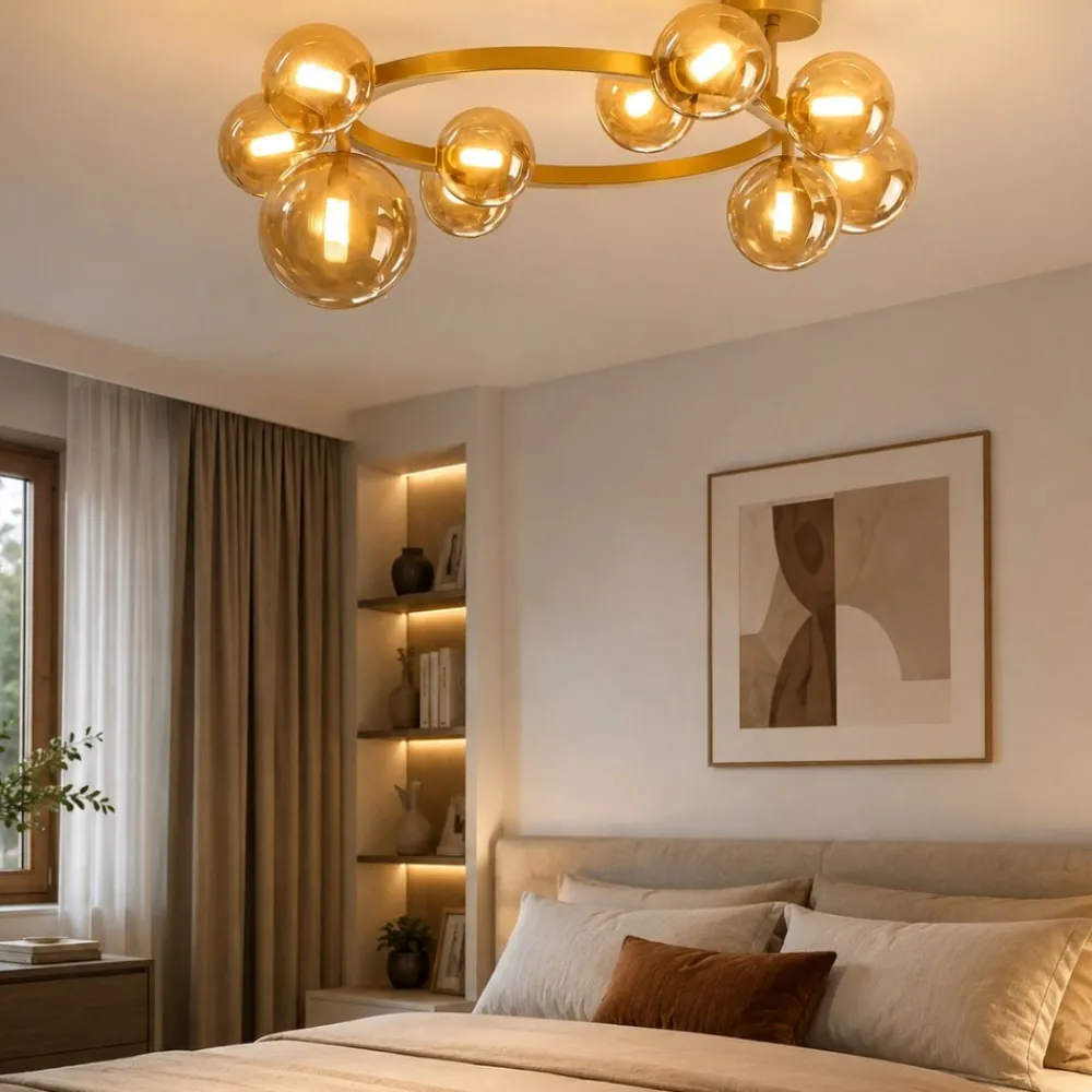 Plafoniere Moderne-Ideal Lux Perlage pl10 plafoniera per camera da letto vetri ambra