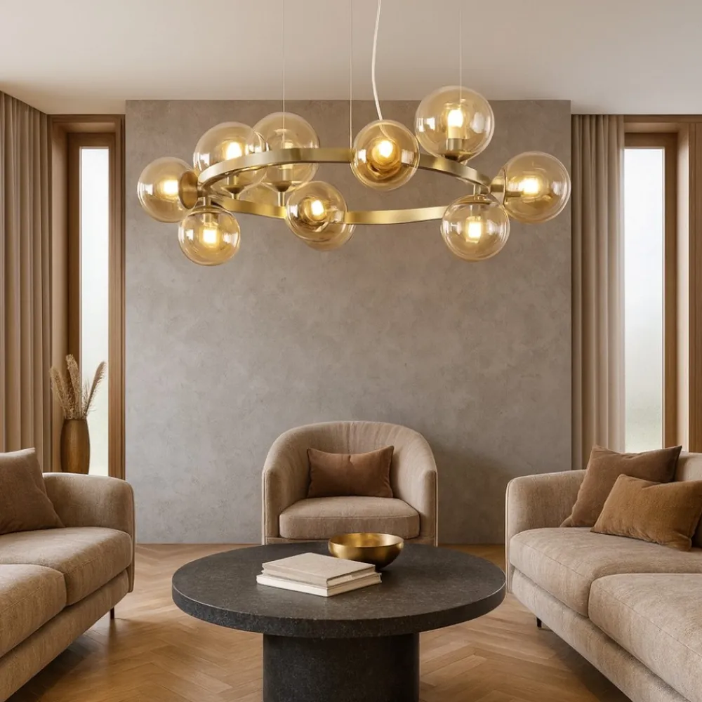 Lampadari Moderni-Ideal Lux Perlage sp11 lampadario oro sfere vetro ambra per soggiorno