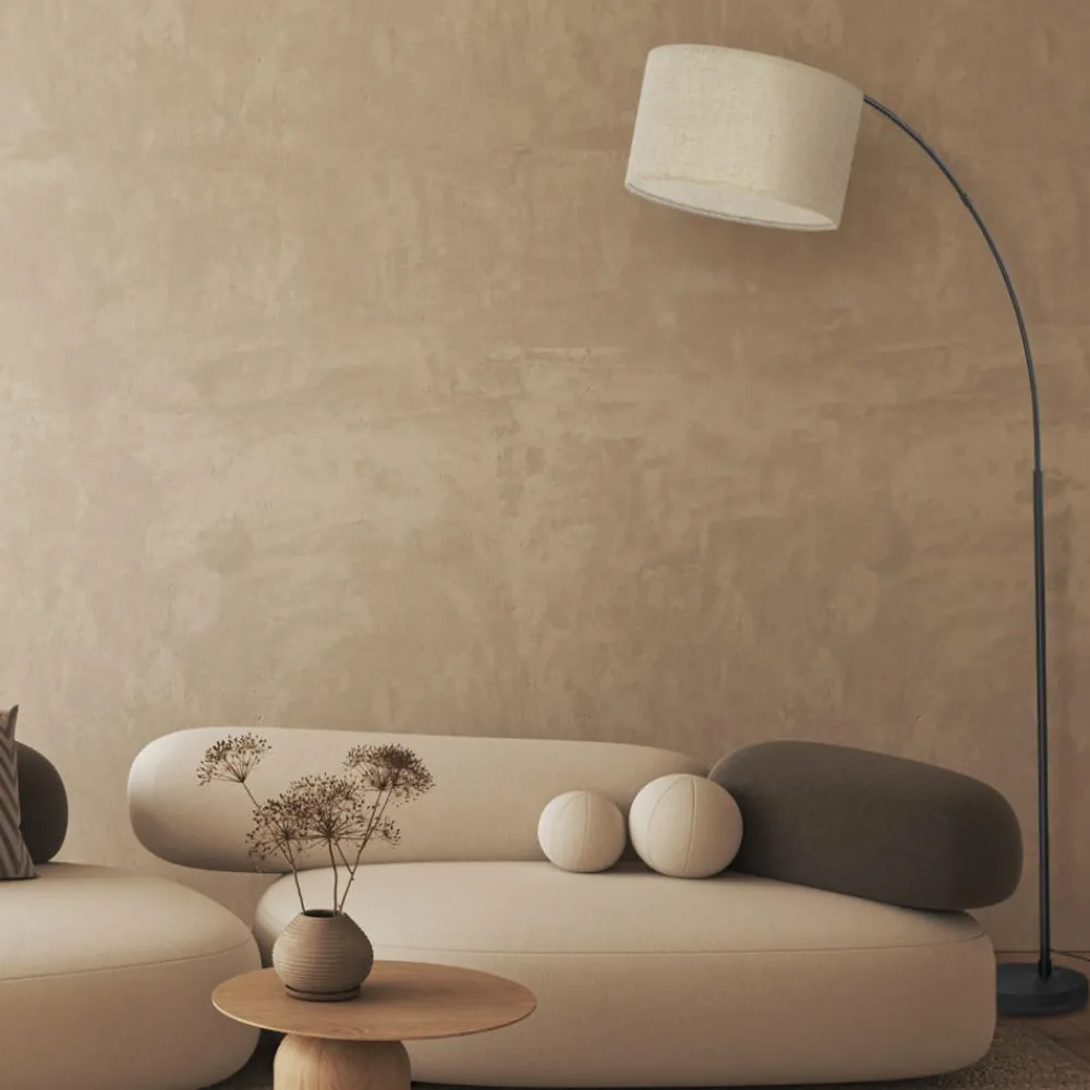 Lampade Da Terra-Selezionato da Mazzolaluce Piantana ad arco nera con paralume di lino beige