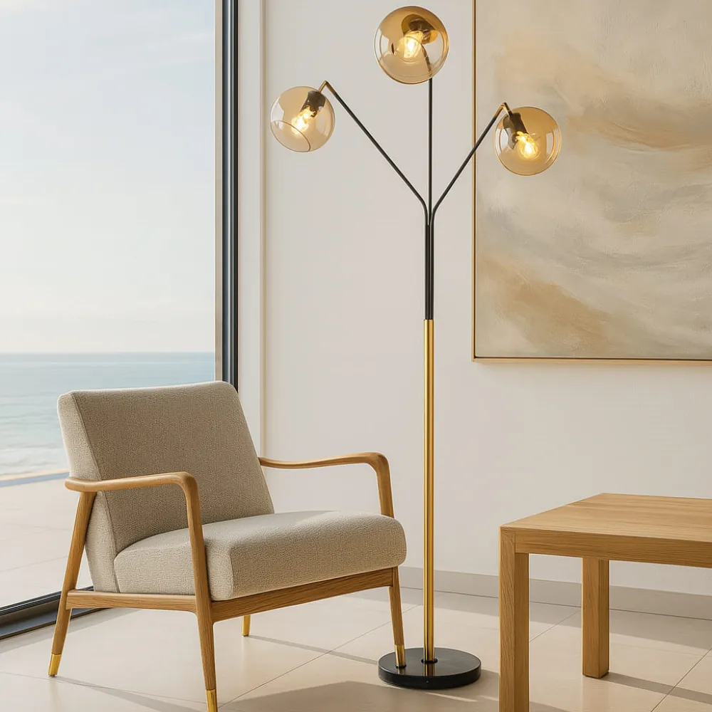 Lampade Da Terra-Selezionato da Mazzolaluce Piantana da terra contemporanea tre sfere vetro oro e nero