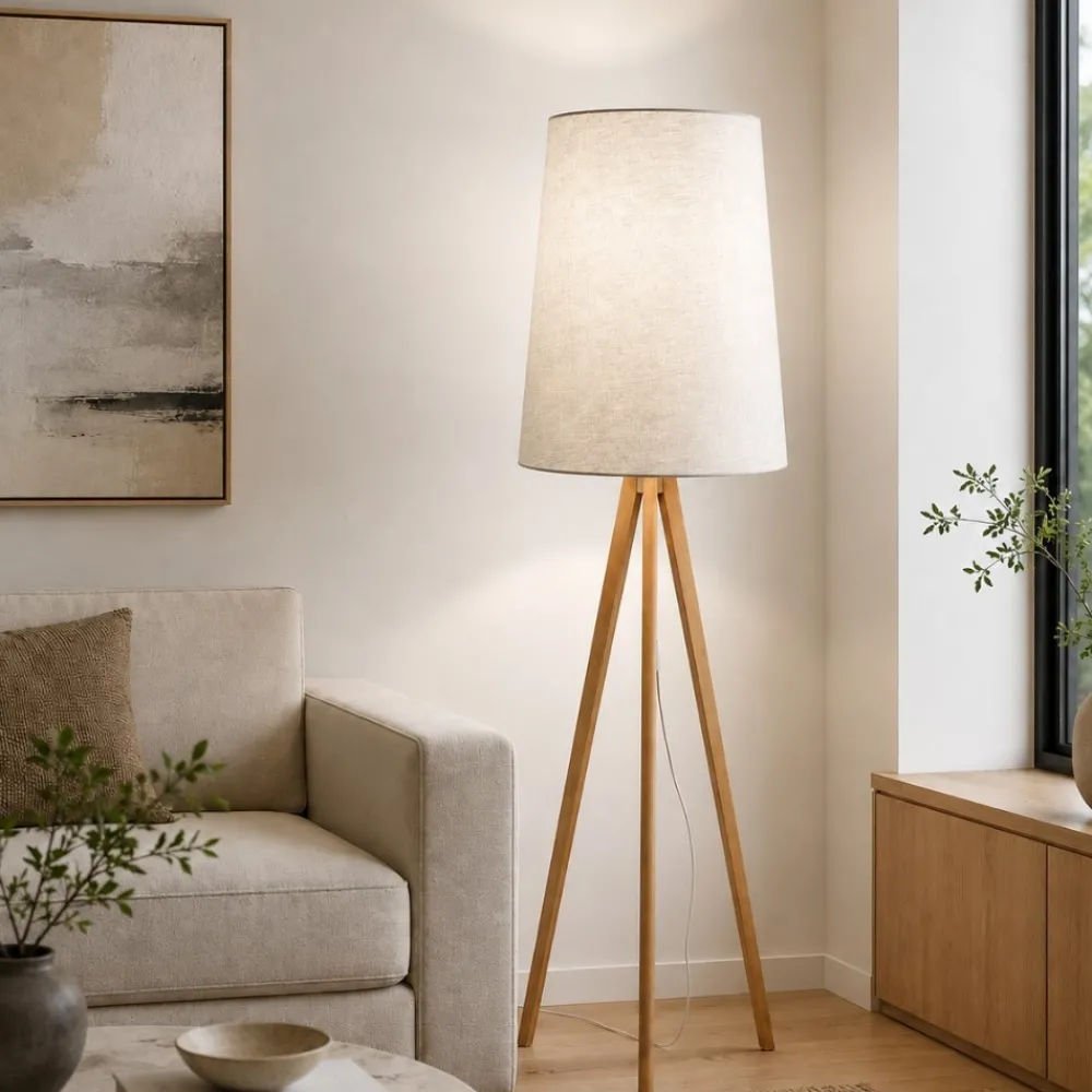 Lampade Da Terra-Selezionato da Mazzolaluce Piantana di legno scandinavo paralume di lino