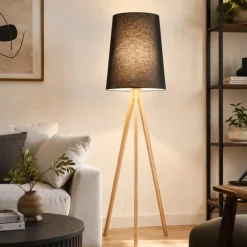 Lampade Da Terra-Selezionato da Mazzolaluce Piantana lampada scandinava tre piedi di legno paralume allungato nero