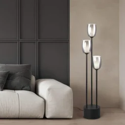 Lampade Da Terra-Selezionato da Mazzolaluce Piantana moderna nera tre luci vetro fume per soggiorno